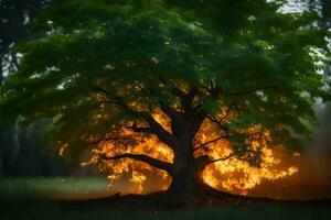 a tree with flames coming out of it. AI-Generated photo