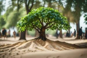 a tree growing out of the sand in the middle of a park. AI-Generated photo
