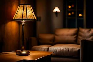 a lamp is on a table in front of a couch. AI-Generated photo