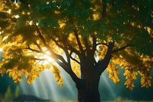 a tree with sunbeams shining through it. AI-Generated photo