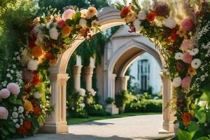 un flor arco es decorado con vistoso flores generado por ai foto