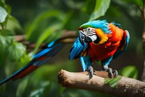 a colorful parrot sits on a branch. AI-Generated photo