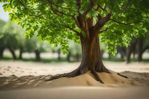 a tree in the sand with a green leaf. AI-Generated photo