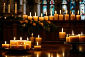 candles are lit in a church with candles in the background. AI-Generated photo