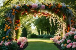 a beautiful archway decorated with flowers in the grass. AI-Generated photo