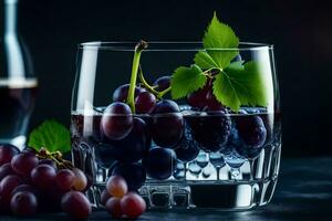 grapes in a glass with ice and a bottle. AI-Generated photo