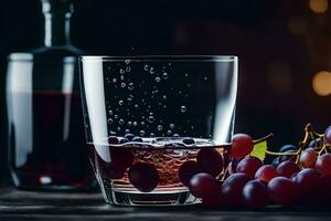 un vaso de vino y uvas en un mesa. generado por ai foto