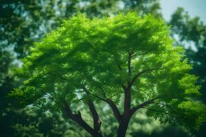 un árbol es mostrado en el medio de un verde campo. generado por ai foto