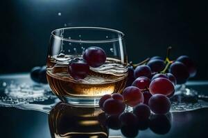 un vaso de vino con uvas en el mesa. generado por ai foto