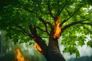 a tree with flames coming out of it. AI-Generated photo