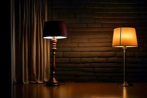 two lamps are on a table in front of a brick wall. AI-Generated photo