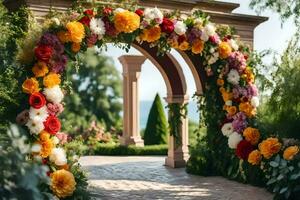 un Boda arco decorado con flores generado por ai foto