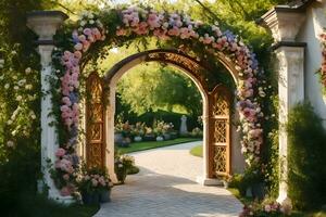 a walkway with flowers and archway leading to a garden. AI-Generated photo