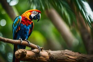 un vistoso loro se sienta en un rama en el selva. generado por ai foto