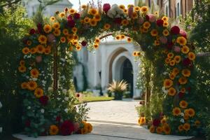 a flower archway decorated with sunflowers. AI-Generated photo