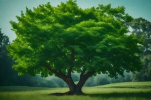 a tree in a field with green leaves. AI-Generated photo