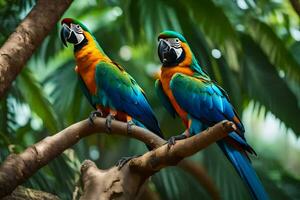 two colorful parrots sitting on a branch. AI-Generated photo