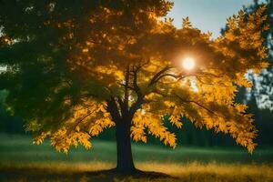 un árbol en el medio de un campo con el Dom brillante mediante él. generado por ai foto