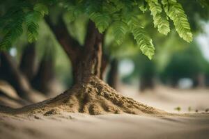 a tree with roots growing out of the sand. AI-Generated photo