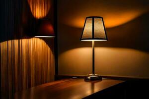 a lamp is on a table in front of a wall. AI-Generated photo