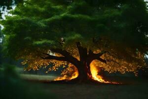 a large tree with flames coming out of it. AI-Generated photo