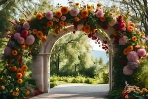a flower archway is decorated with colorful flowers. AI-Generated photo