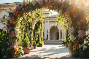 un arco con flores y plantas en frente de un edificio. generado por ai foto