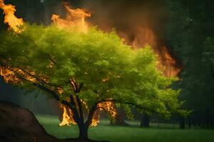 a tree is burning in the middle of a field. AI-Generated photo