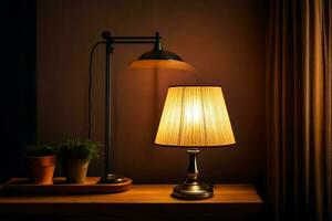 a lamp and a table with a plant on it. AI-Generated photo