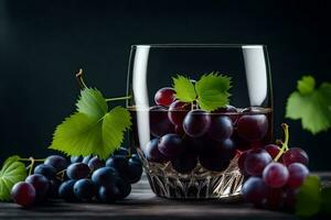 uvas en un vaso con hojas. generado por ai foto