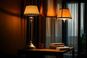 two lamps on a table in front of a window. AI-Generated photo