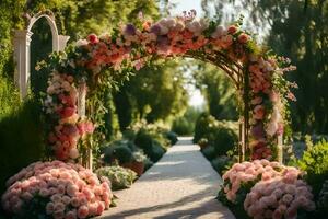 a walkway with pink flowers and greenery. AI-Generated photo
