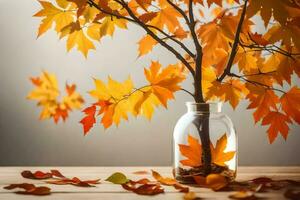 autumn leaves in a glass vase on a wooden table. AI-Generated photo