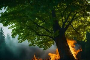 un árbol es ardiente en el medio de un campo. generado por ai foto