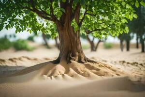 a tree in the desert with sand and trees. AI-Generated photo