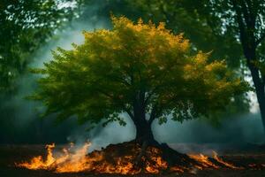 a tree with flames and smoke coming from it. AI-Generated photo