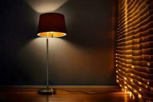 a lamp is on a wooden floor next to a wall. AI-Generated photo