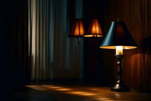 a lamp is sitting on a table in a dark room. AI-Generated photo