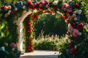 un Boda arco decorado con flores generado por ai foto