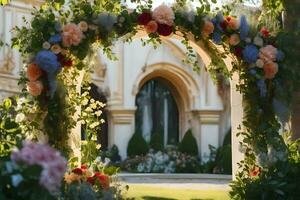 un Boda arco decorado con flores en frente de un edificio. generado por ai foto