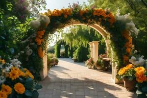 a walkway with an archway decorated with flowers. AI-Generated photo