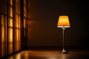 a lamp is sitting on a wooden floor in front of a window. AI-Generated photo