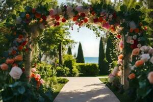 an archway with flowers and greenery. AI-Generated photo