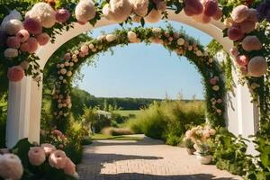 a wedding arch with pink and purple flowers. AI-Generated photo