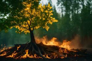 un árbol con llamas y un fuego en el antecedentes. generado por ai foto