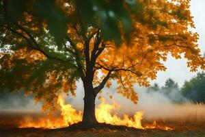 a tree is burning in the field with smoke coming from it. AI-Generated photo