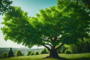 un árbol en un campo con verde hojas. generado por ai foto