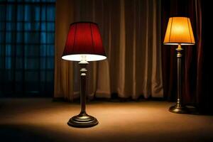 dos lamparas son en un mesa en frente de un cortina. generado por ai foto