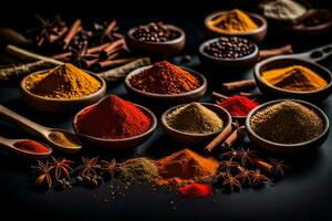 various spices and herbs in bowls on a black background. AI-Generated photo