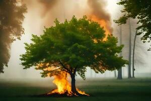 a tree is burning in the middle of a field. AI-Generated photo